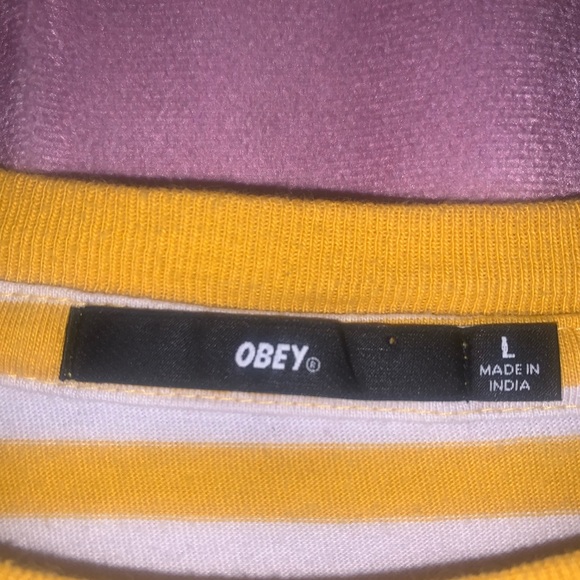 Obey shirt yellow stripe size large men’s tshirt - Picture 3 of 5